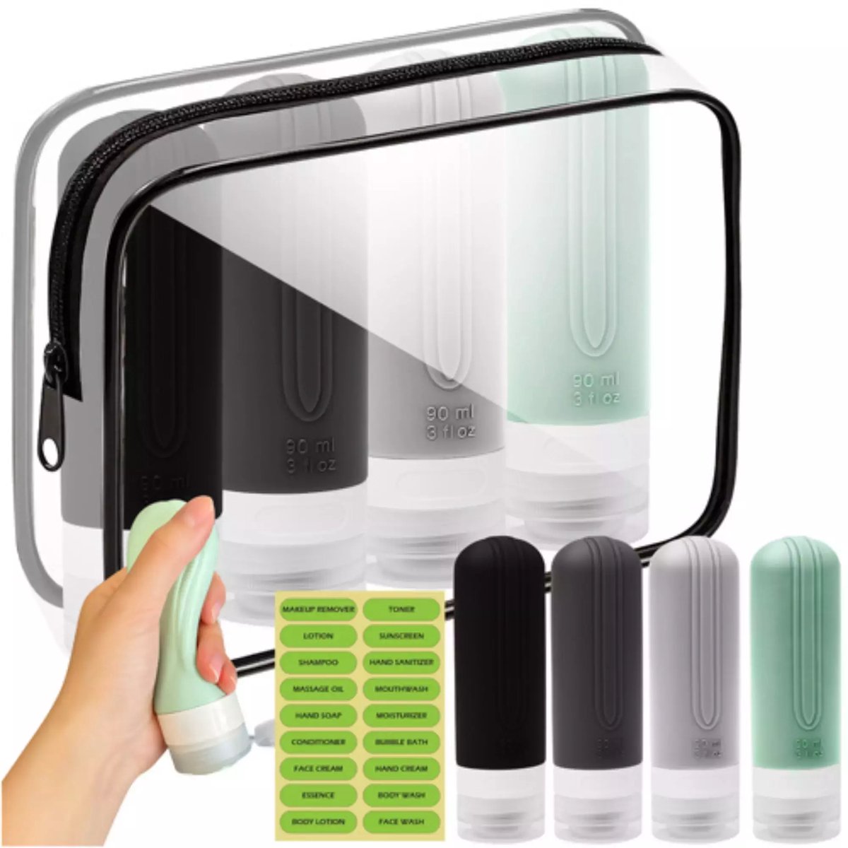 Trizand travel cosmetic bag – navulbare reisflesjes + transparant toilettasje
