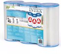Intex Krystal Clear zwembadfilters, 3-pack. Witte filters met blauwe randen, verpakt in doorzichtig plastic.
