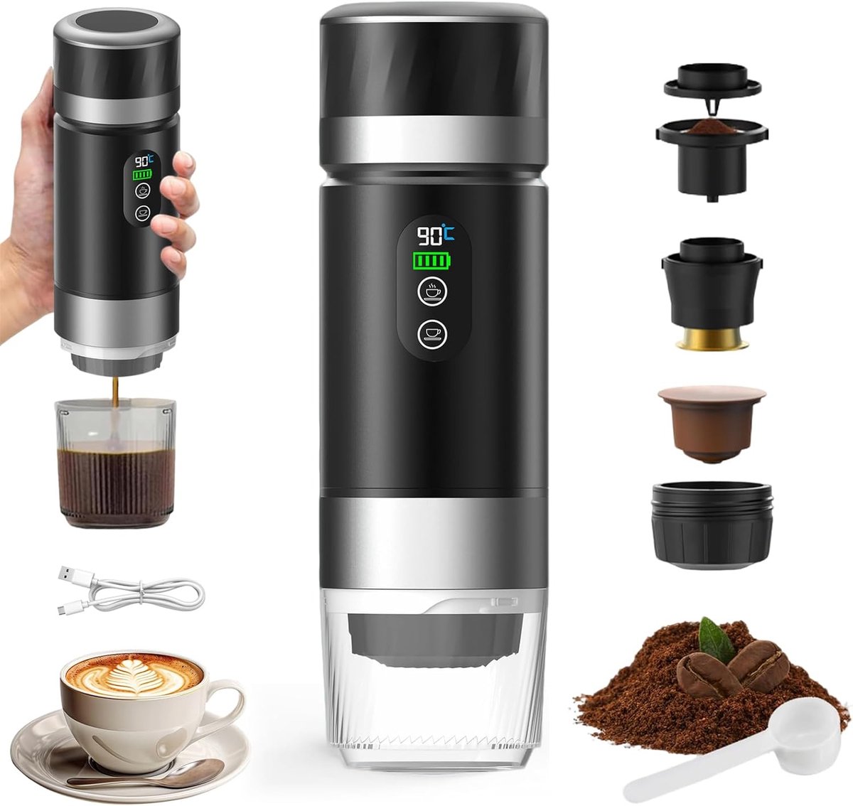 Draagbare koffiemachine-2025-3-in-1 elektrische espressomachine-oplaadbare 12V espressomachine-voor op kantoor-reizen-thuis-compatibel met espresso-capsules en gemalen koffie