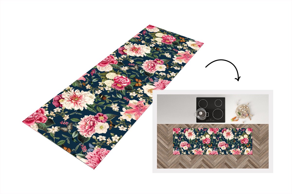KitchenYeah Keukenloper 150x50 cm - Keukenmat vinyl Patronen - Roos - Bladeren - Keukenmatten loper - Keuken vloerkleed tapijt Rozen