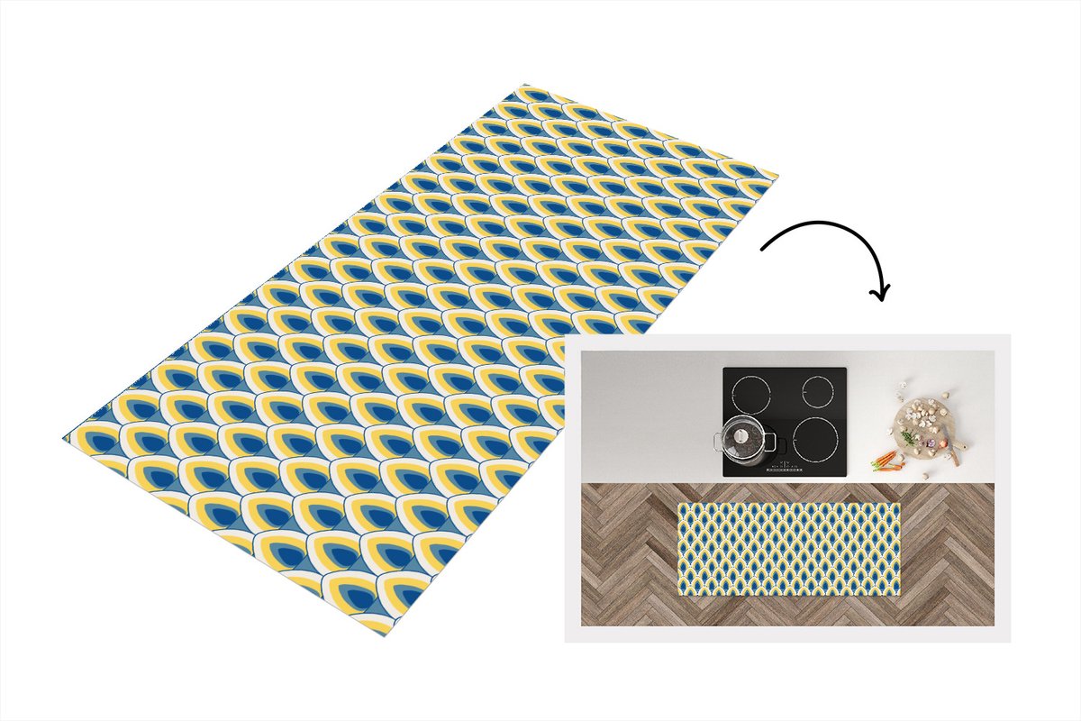 KitchenYeah Keukenloper 120x50 cm - Keukenmat vinyl Design - Patroon - Retro - Geel - Blauw - Keukenmatten loper - Keuken vloerkleed tapijt