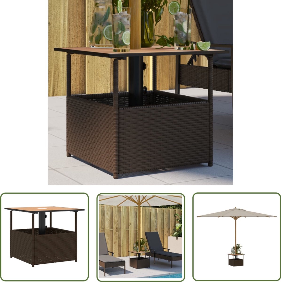 vidaXL Buitentafel - Tuinstoel - Tuintafel met parasolgat 55x55x46,5 cm poly rattan bruin - Patio Set - Bistrotafel - Ratan Tafel
