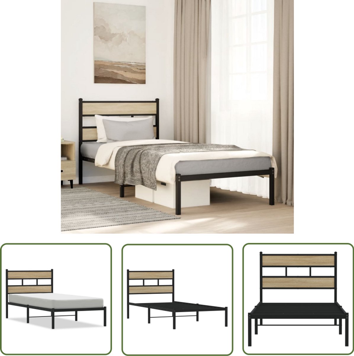 vidaXL Bedframe bewerkt hout gerookt eikenkleurig 180x200 cm, bed, bed ombouw, 2 persoonsbed, bedbodem, slaapkamermeubel, tweepersoonsbed