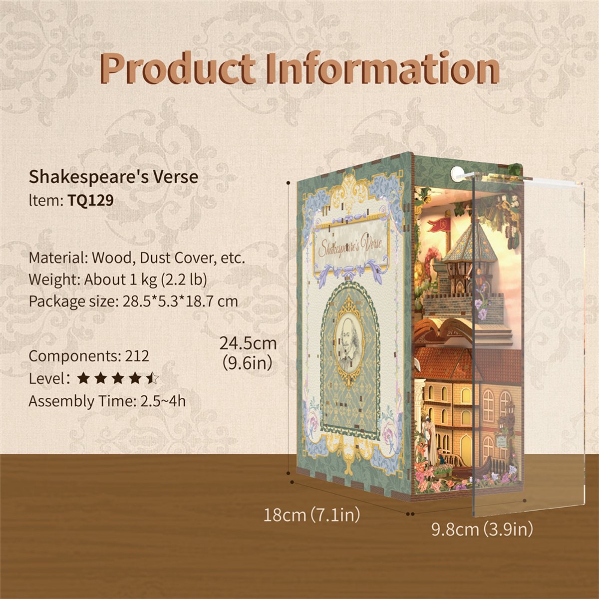 Tonecheer Shakespaer's Verse Book Nook Bouwpakket - Modelbouw - 18 x 9,8 x 24,5 cm - DIY Pakket - Houten 3D Puzzel - Boekensteun - LED-licht - Bewegingssensor Licht - Boekenhouder - Inclusief Dust-Cover — afbeelding 3