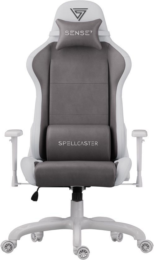 SENSE7 Spellcaster FUKU PU Ergonomische bureaustoel, Gamingstoel, nek- en lendenkussen, In hoogte verstelbaar, Stof + eco-leer, Duurzaam en comfortabel, Maximale belasting 150 kg, Tot 185 cm lang, Witgrijze kleur