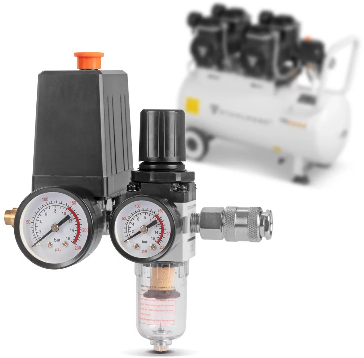 STAHLWERK DEW-20 ST drukschakelaar 0-10 bar drukregelaar | regelventiel | compressorschakelaar met manometer, waterafscheider en snelkoppeling voor luchtcompressoren