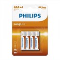 Verpakking met vier Philips LongLife AAA batterijen. Wit met een blauw en oranje label.