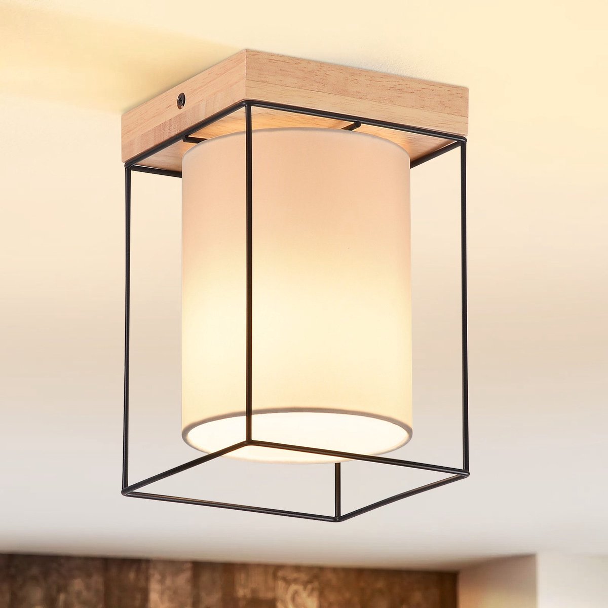 NETTLIFE Plafondlamp Hout – E14 Fitting - 1-Lichts - met Stof Lampkap - Vintage Ganglamp – voor Slaapkamer | Woonkamer – Max. 40 W-excl. lichtbron