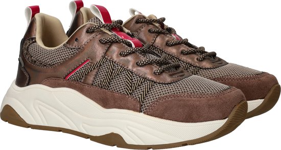 Bruine POSH by Poelman sneakers met visgraatprint, suède en dikke witte zolen.