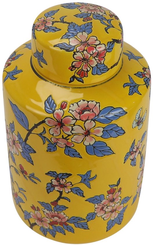 Gele gemberpot met deksel, met een patroon van roze bloemen en blauwe bladeren.