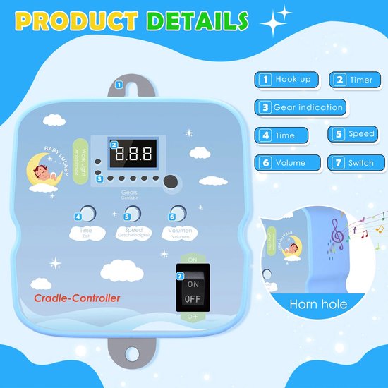 Kelseek Wiegmotor - Babyschommel controller - Elektrisch - Met afstandbediening - Met timer - Tot 20 kg - 220 Volt - Blauw — afbeelding 5