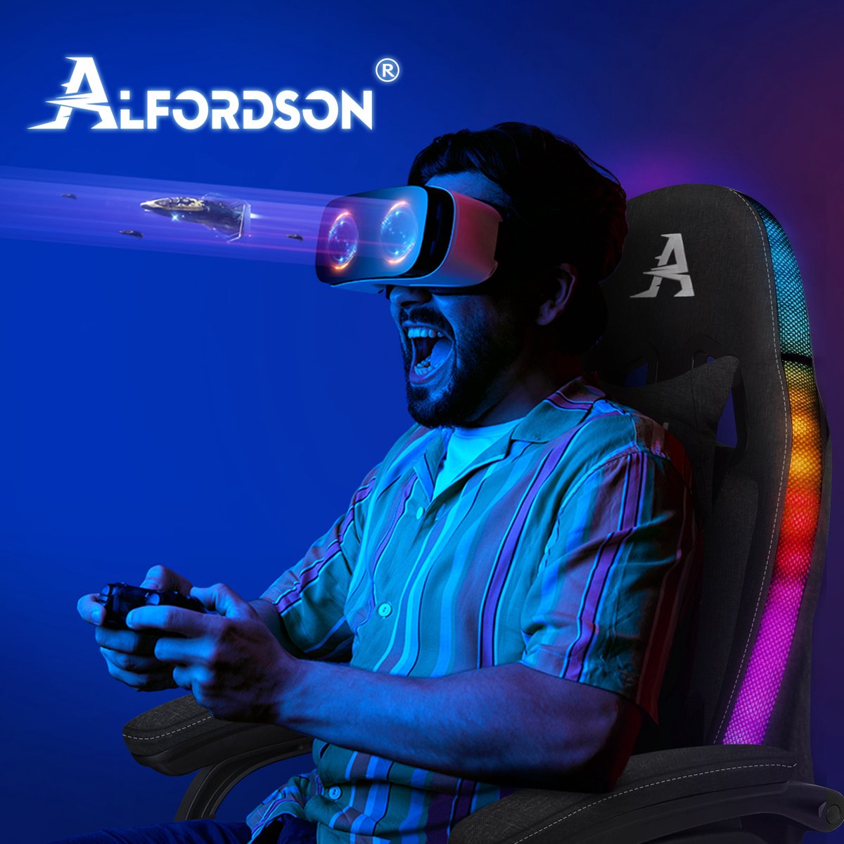 Afbeelding 2 van Gamestoel, 12 RGB LED-kleurenafstandsbediening, armleuningen met schuifrail, intrekbare voetsteun, 8-punt massage verstelbaar kussen