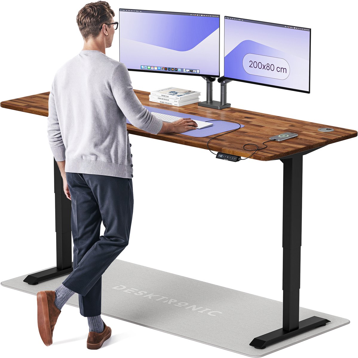 Desktronic HomePro Zit-sta Bureau Elektrisch In Hoogte Verstelbaar, 200x80 cm Massief Notenhout/Zwart, Stille Dubbele Motor, Hoogte 62-126cm