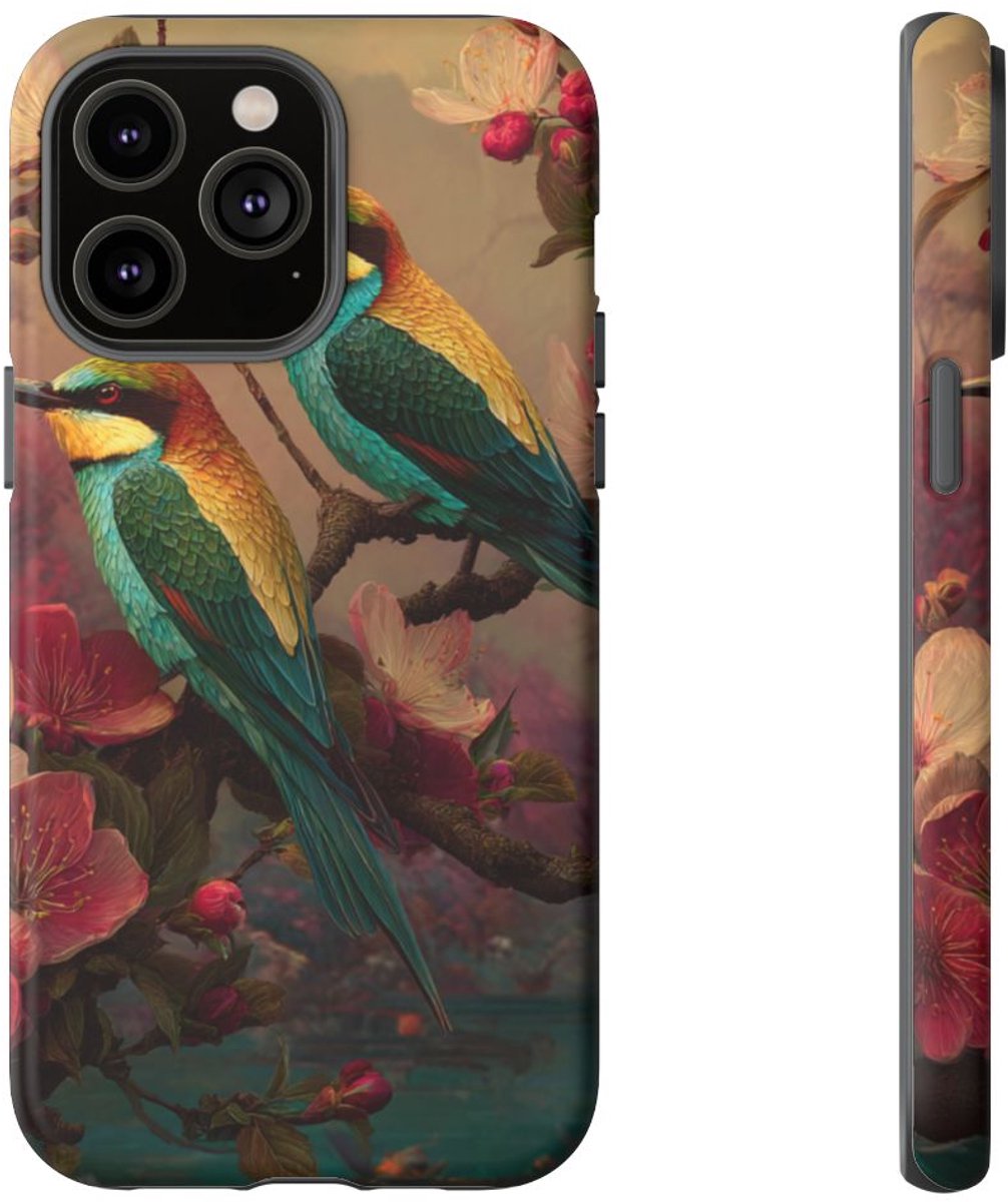 Kleurrijke Vogels op Bloesemtak – Telefoonhoesje Geschikt voor iPhone 14 Pro Max