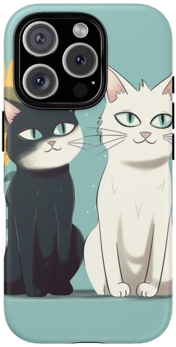 Twee Cartoonkatten met Zonnebloem – Telefoonhoesje Geschikt voor iPhone 16 Pro