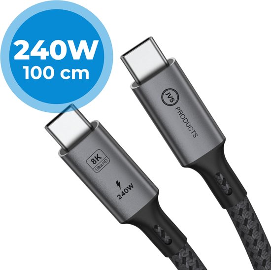 USB-C naar USB-C Kabel - 100 CM - 240W Snelladen - Oplaadkabel - Laadkabel - USB 4.0 - 40Gbps - Datakabel - 8K/60Hz en 4K/120Hz - PD Gen 3.1 - Nylon - Zwart