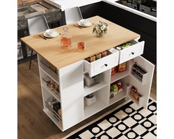 Keukeneiland met verwijderbare scheidingswanden, keukenkast, eetkamerwagen met werkblad, buffetkast, eetkamerwagen met houtnerf, uitgerust met snackhouder en wijnglasrek, wit