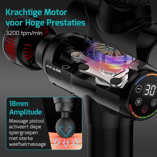 Zwarte massagepistool met een krachtige motor en 3200 tpm/min. Toont 18mm amplitude voor diepe weefselmassage.