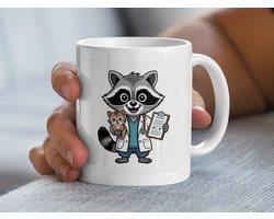 Raccoon Veterinarian with Cat Mok, Animal Doctor Gift, Veterinarian Theme Gift, Cute Animal Design, Funny Coffee Mug
