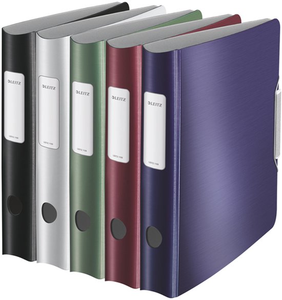 Vijf Leitz ordners in zwart, zilver, groen, rood en paars.