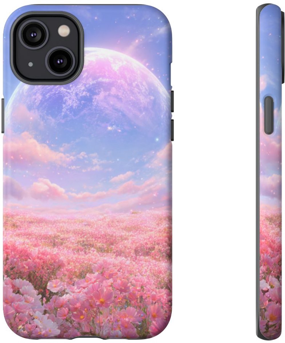 Roze Bloemenveld met Gloeiende Planeet – Telefoonhoesje Geschikt voor iPhone 14 Plus