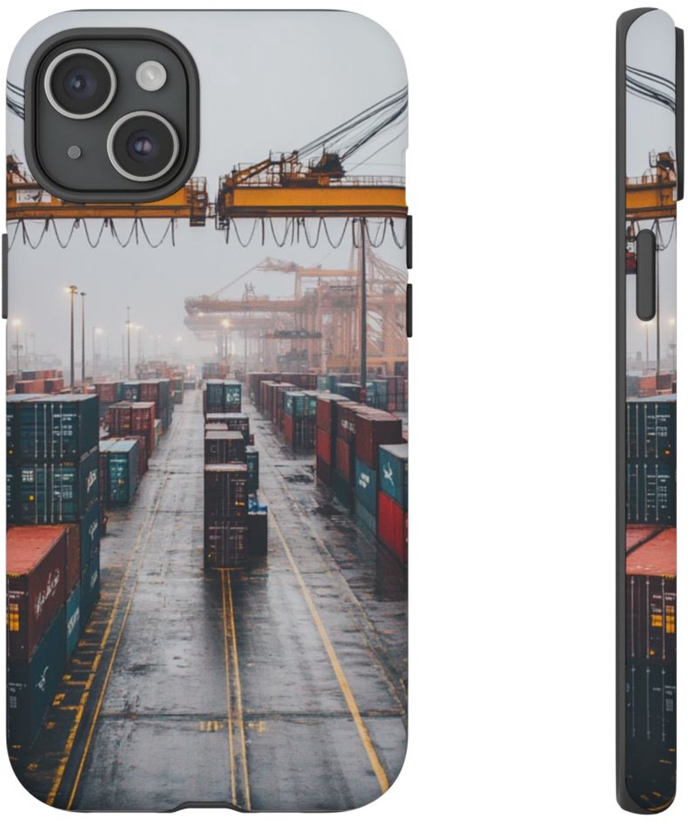 Vrachtschepen en Havenkranen – Mat Sterk Hoesje Geschikt voor iPhone 15 Plus