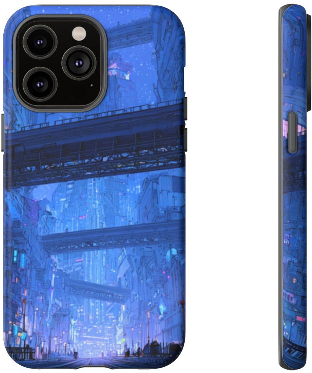 Futuristische Blauwe Stadsstraat – Telefoonhoesje Geschikt voor iPhone 14 Pro Max
