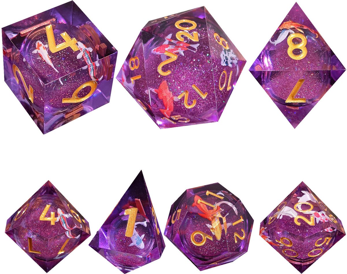 Joya Dice® Polydice Dobbelsteen set geschikt voor rollenspellen zoals Dungeons and Dragons D&D DnD | Dobbelstenen Set | Dice set | Resin 7 stuks set | Incl Luxe Opbergdoos | Liquid Core Roze met Koi Karpers