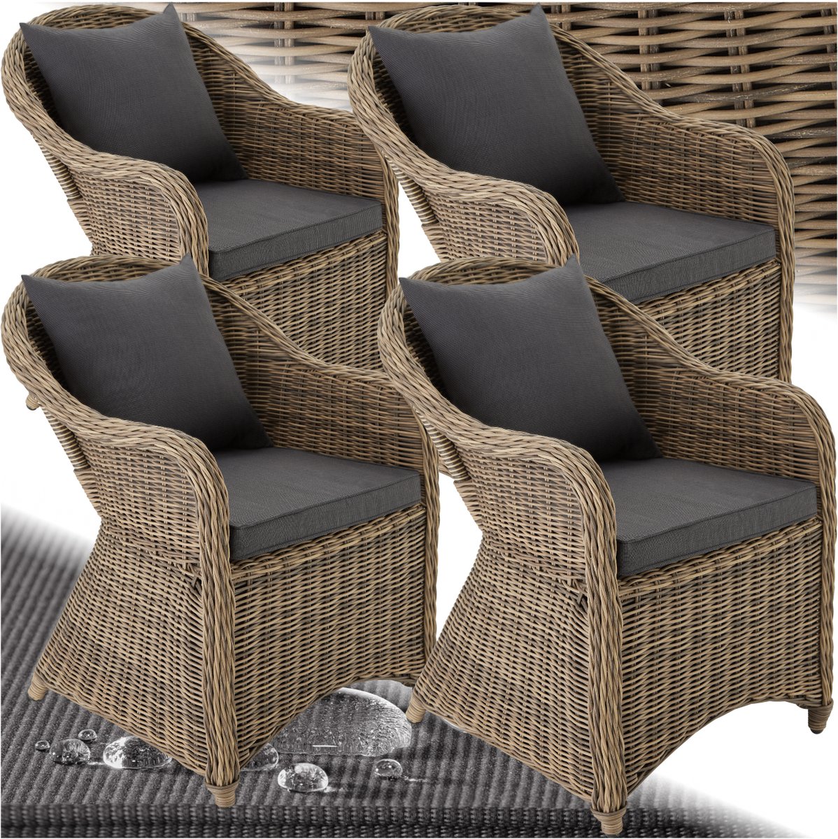 tectake® Rotan Stoelen - set van 4 – Weerbestendige Tuinstoel met Rug- en Zitkussens – Buitenstoel van Riet voor Tuin, Balkon en Serre – Naturel