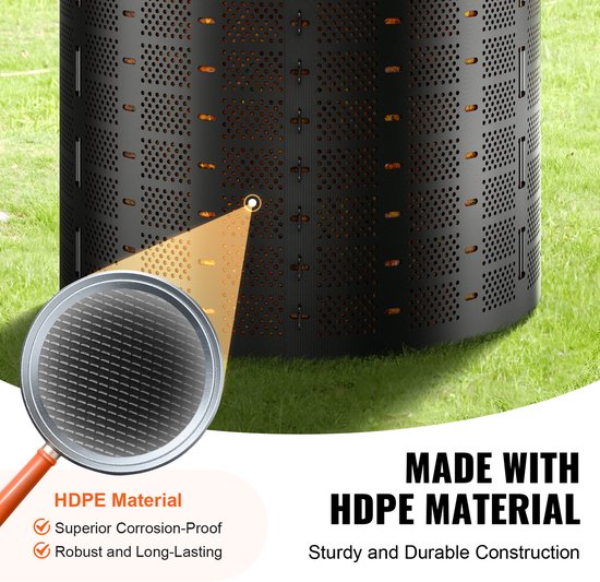 Close-up van de textuur van de zwarte compostbak, gemaakt van HDPE materiaal met kleine perforaties.