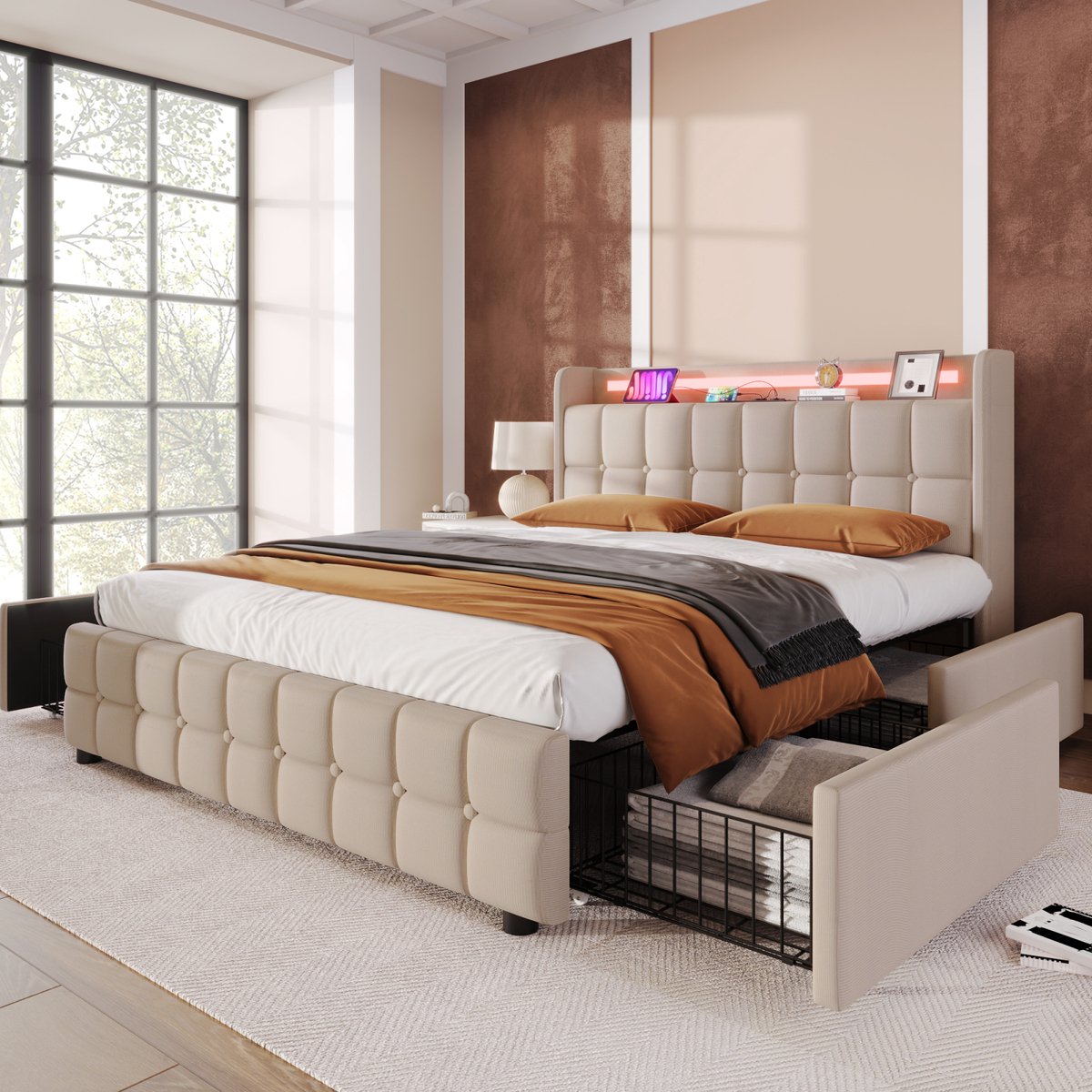 Gestoffeerd bed 180x200 cm met LED-hoofdbord en USB-aansluiting, jeugdbed met lattenbodem en 4 opberglades, opbergbed, bedombouw, zonder matras, linnen beige