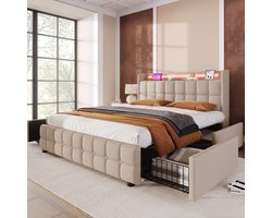 Gestoffeerd bed 180x200 cm met LED-hoofdbord en USB-aansluiting, jeugdbed met lattenbodem en 4 opberglades, opbergbed, bedombouw, zonder matras, linnen beige