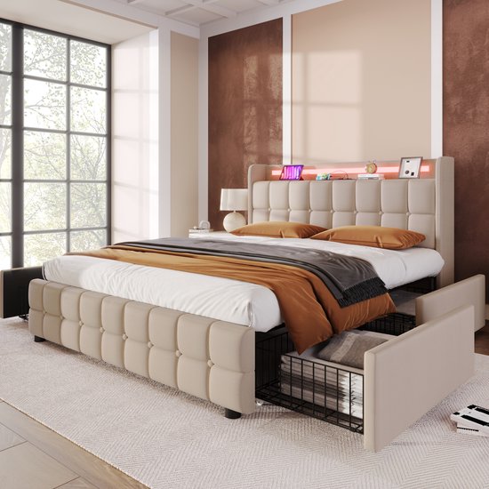 Gestoffeerd bed 180x200 cm, linnen beige, met capitonné hoofdbord met LED-verlichting en 4 opberglades.