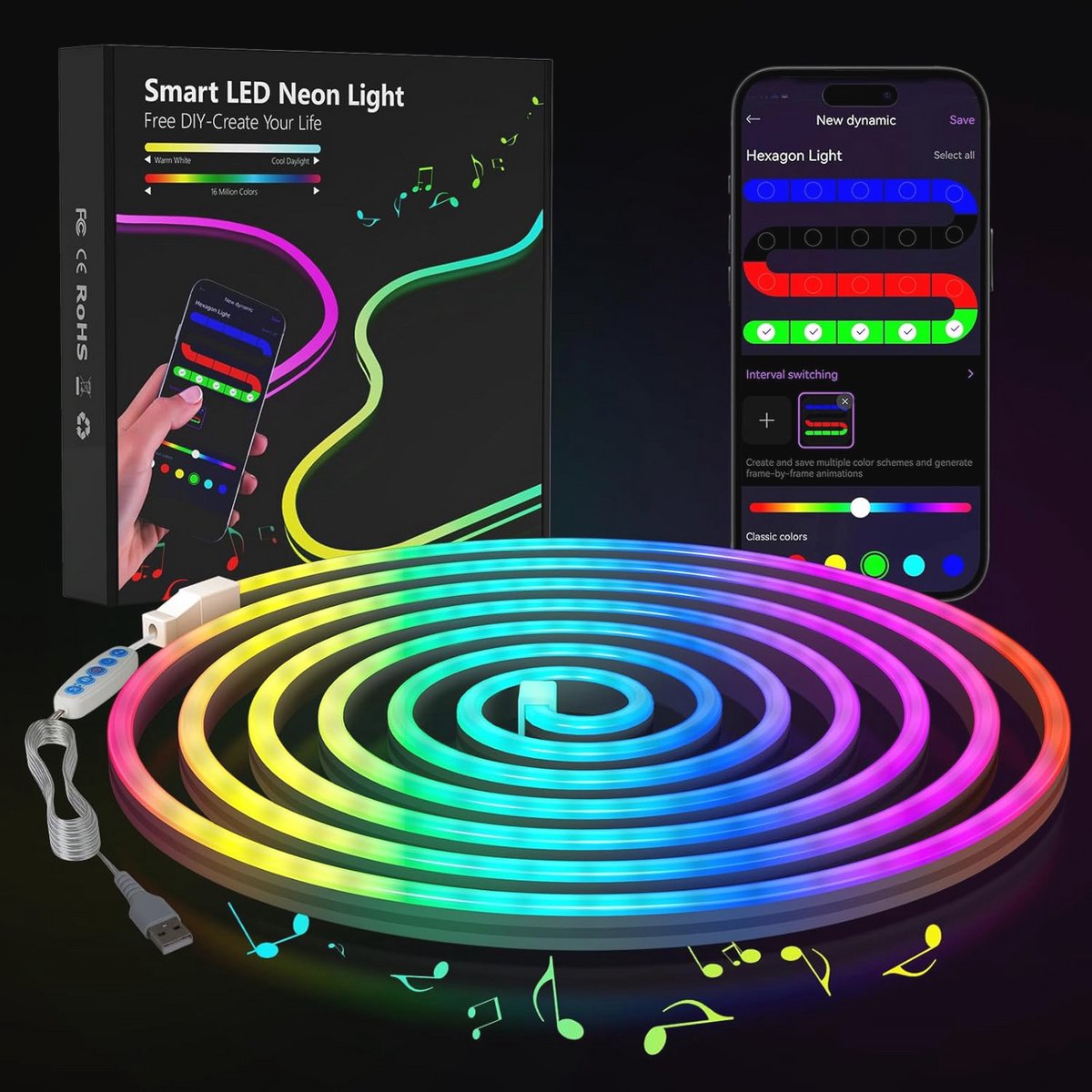 LED Smart Strip Lichteffect met Muziek Synchronisatie - 3 Meter Neon RGB Flexibele Strip voor Binnen en Buiten