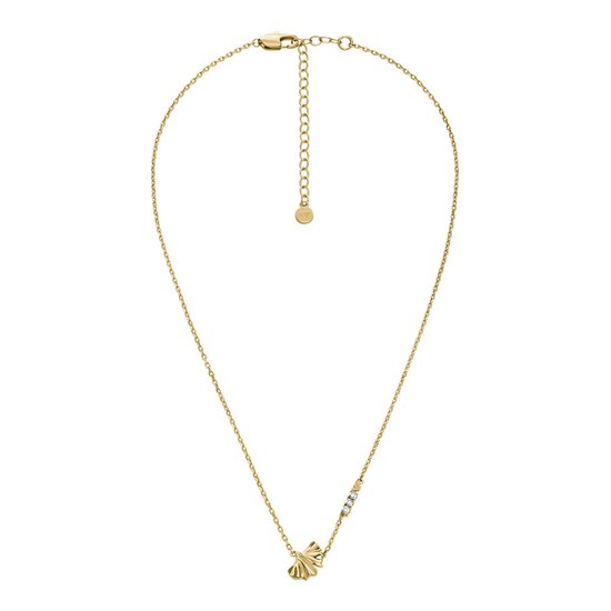 Collier doré orné d'un pendentif feuille de ginkgo et de trois petites pierres de zircone. La chaîne est dotée d'une fermeture réglable.