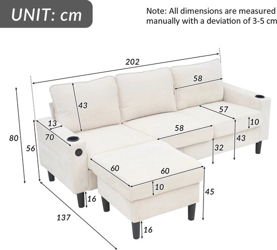 Muskel Moderne 3-zits corduroy sofa, modulair, L-vormige hoekbank met