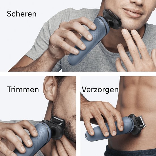 Trois images du rasoir Braun : rasage, taille et toilettage.
