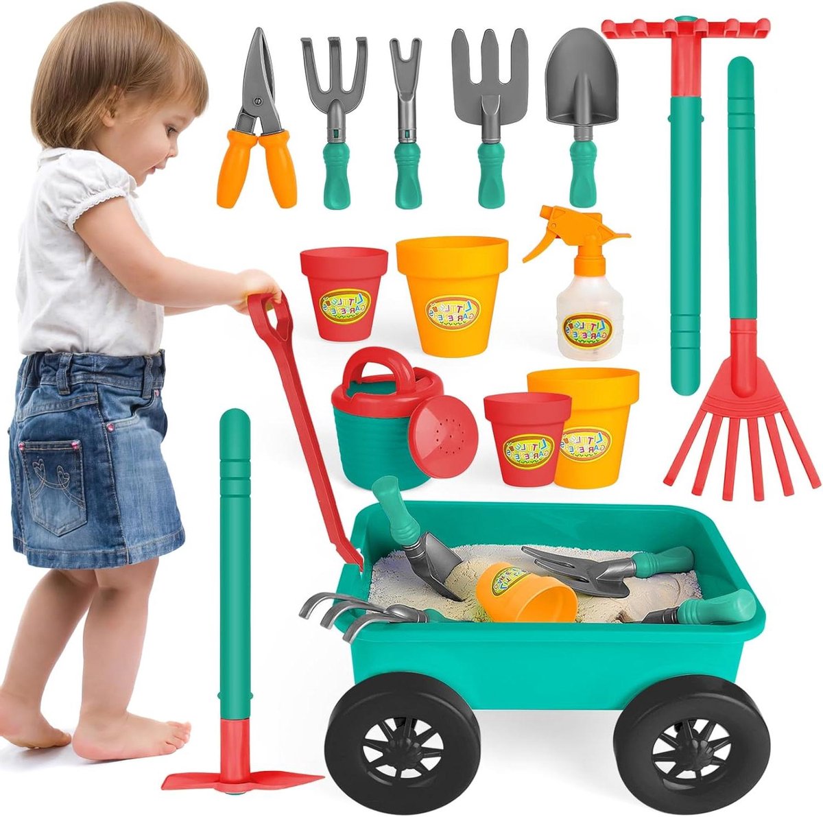 Tuinset voor kinderen met kruiwagen, schep, hark, bloempotten, gieter en meer - 14 stuks tuingereedschap speelset voor buiten en zandspel - Geschikt vanaf 3 t/m 7 jaar