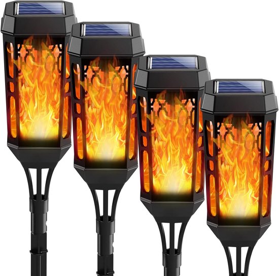 Lafhome 4 Lampes Solaires Jardin Extérieur Effet Flamme Réaliste - Torches LED IP65 Étanches - Idéales Terrasse Chemin Camping