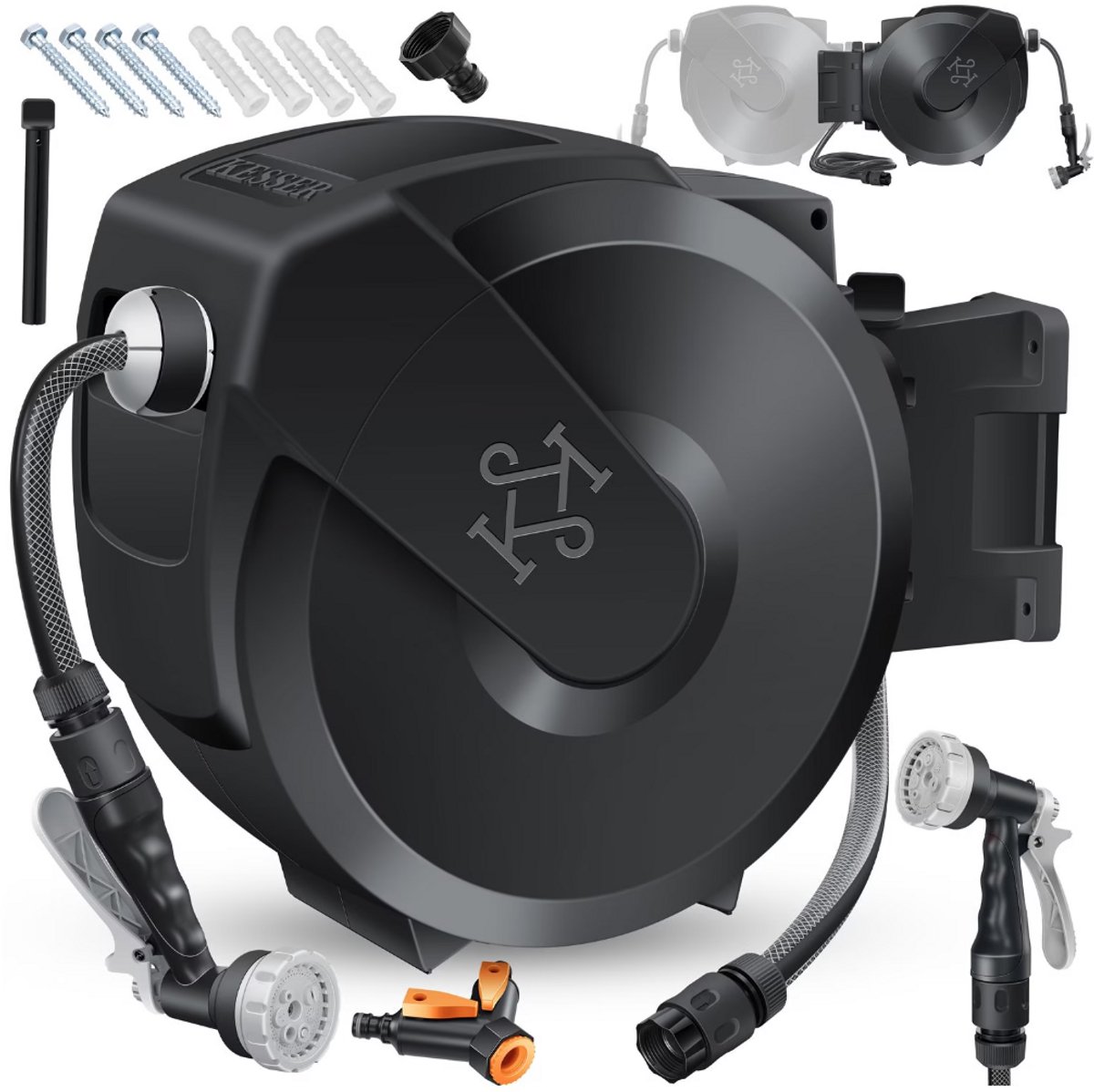 KESSER® Slanghaspel met tuinslang | Wandgemonteerde waterslanghaspel | Muurbevestiging | 180° draaibaar en automatisch oprol
