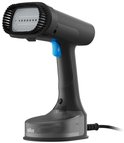 Zwarte Braun kledingstomer met blauwe knop en een afneembare borstelaccessoire.