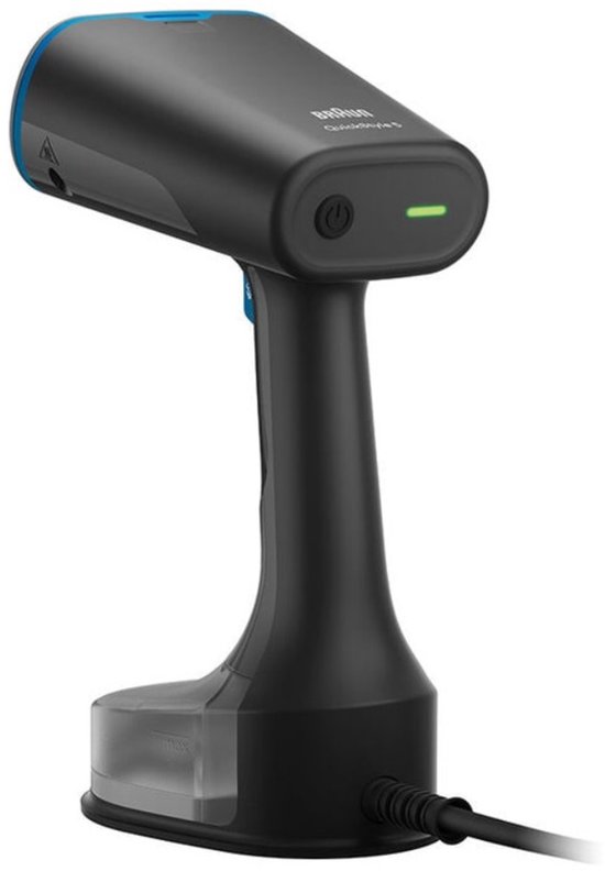 Zwarte Braun kledingstomer met blauwe knop en groene aan/uit indicator.