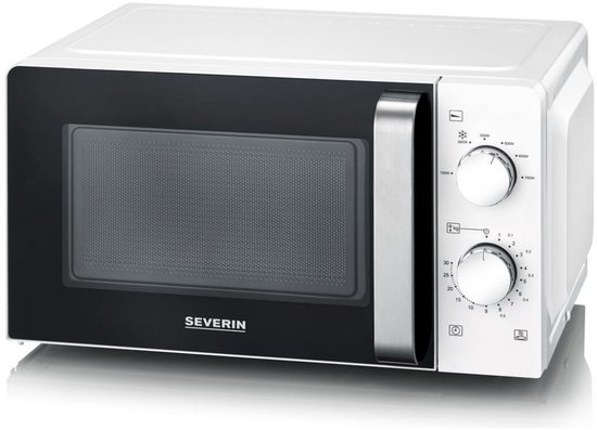 Witte Severin magnetron met zwarte deur, zilverkleurig handvat en twee draaiknoppen.