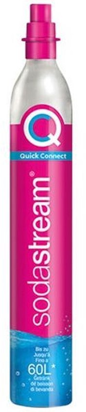 Zilverkleurige sodastream cilinder met roze label en 'Quick Connect' aanduiding. Watermotief en '60L' onderaan.