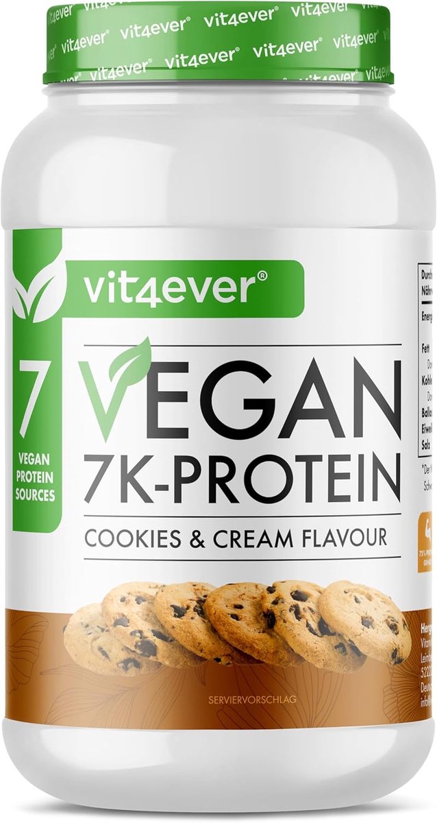 Vit4ever - Vegan 7K Protein - 1kg - Cookies & Cream smaak - Puur plantaardig proteïnepoeder met rijst- amandel- soja- erwten- hennep- cranberry- en zonnebloemproteïnen