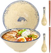 GEEKHOM Ramen kommenset, 2 x 1200 ml, Japanse keramische kommen met eetstokjes en lepel van hout, groot, magnetron- en vaatwasmachinebestendig, voor pasta, soep, fo, salade