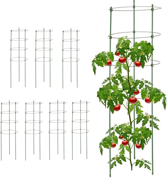 Relaxdays plantensteun set van 10, metaal, ronde klimhulp voor tomaten & rozen, H x : 76 x 26 cm, met 2 ringen, groen