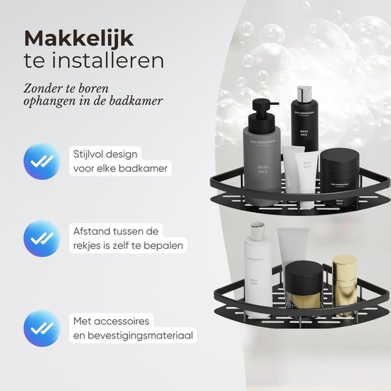 Support de douche sans perçage - Accessoires de salle de bain - Support de douche - Panier de douche - Acier inoxydable - Support d'angle - Suspension - Zwart - 2 pièces