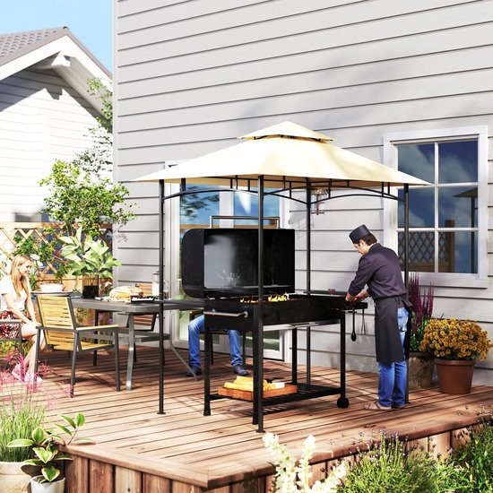 Outsunny barbecue-paviljoen met vlamvertragend dak, BBQ-paviljoen met 2 schappen, polyester, zwart, 218 x 138 x 216 cm