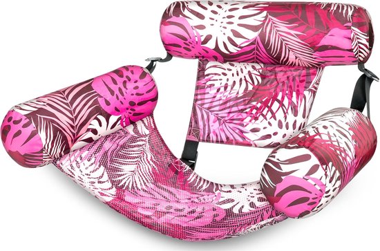 Roze drijvende stoel met palmbladprint. De stoel heeft opblaasbare kussens en een zitting.